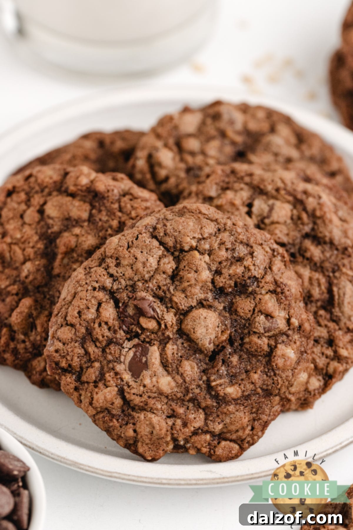 A plate piled high with perfectly baked oatmeal chocolate chip cookies, showcasing their inviting texture.