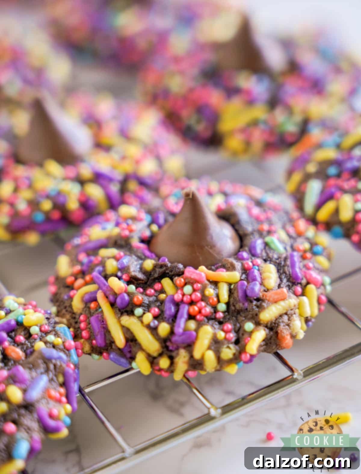 Easter Brownie Blossom Cookies are rolled in sprinkles before being baked and topped with a Hershey's Kiss. This simple brownie mix cookie recipe is perfect for spring! 