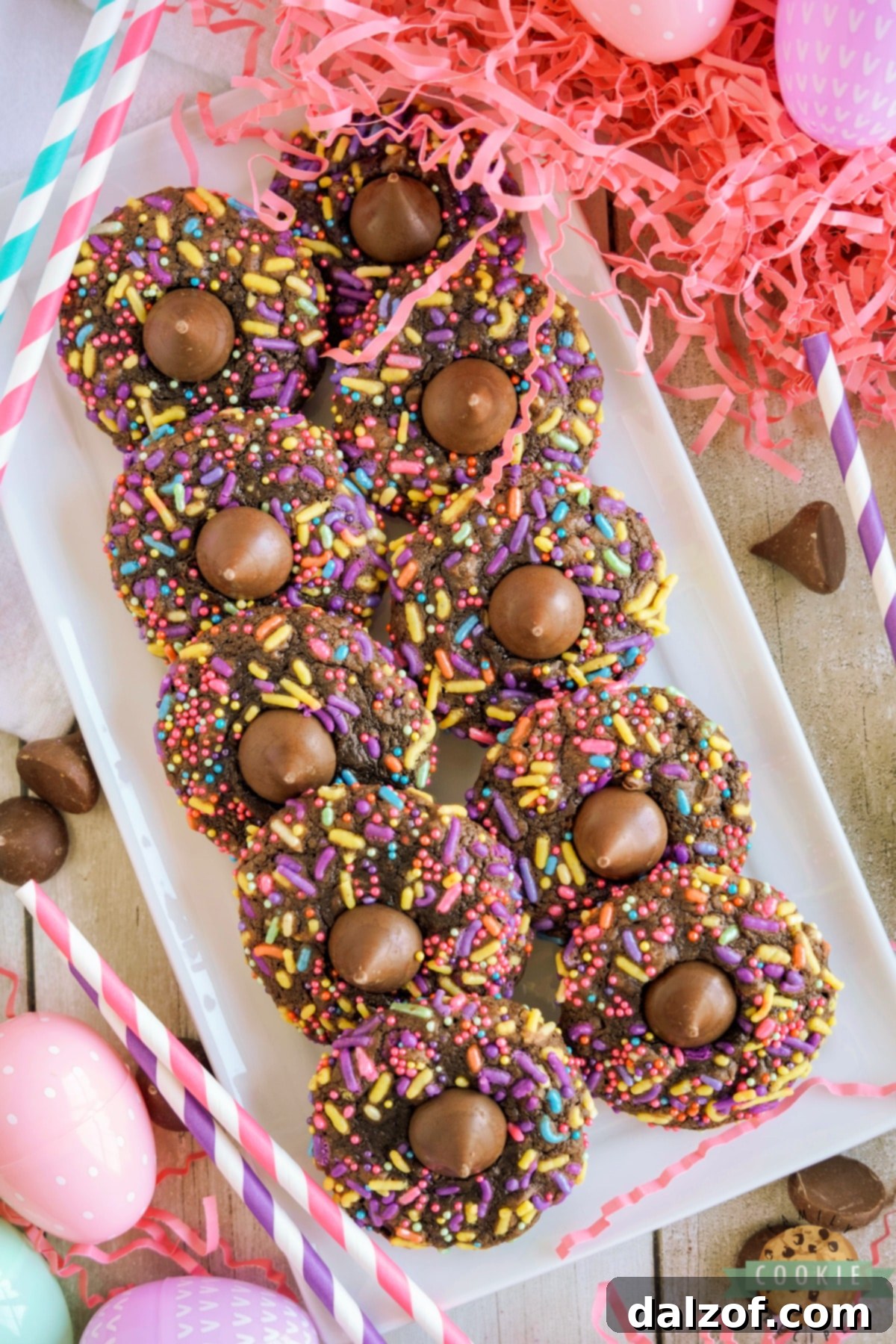 Plate of brownie cookies made with sprinkles and Hershey's kisses. 