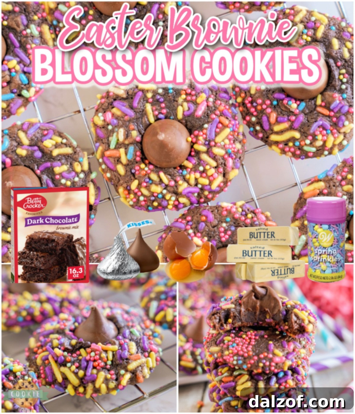 Easter Brownie Blossom Cookies are rolled in sprinkles before being baked and topped with a Hershey's Kiss. This simple brownie mix cookie recipe is perfect for spring! 