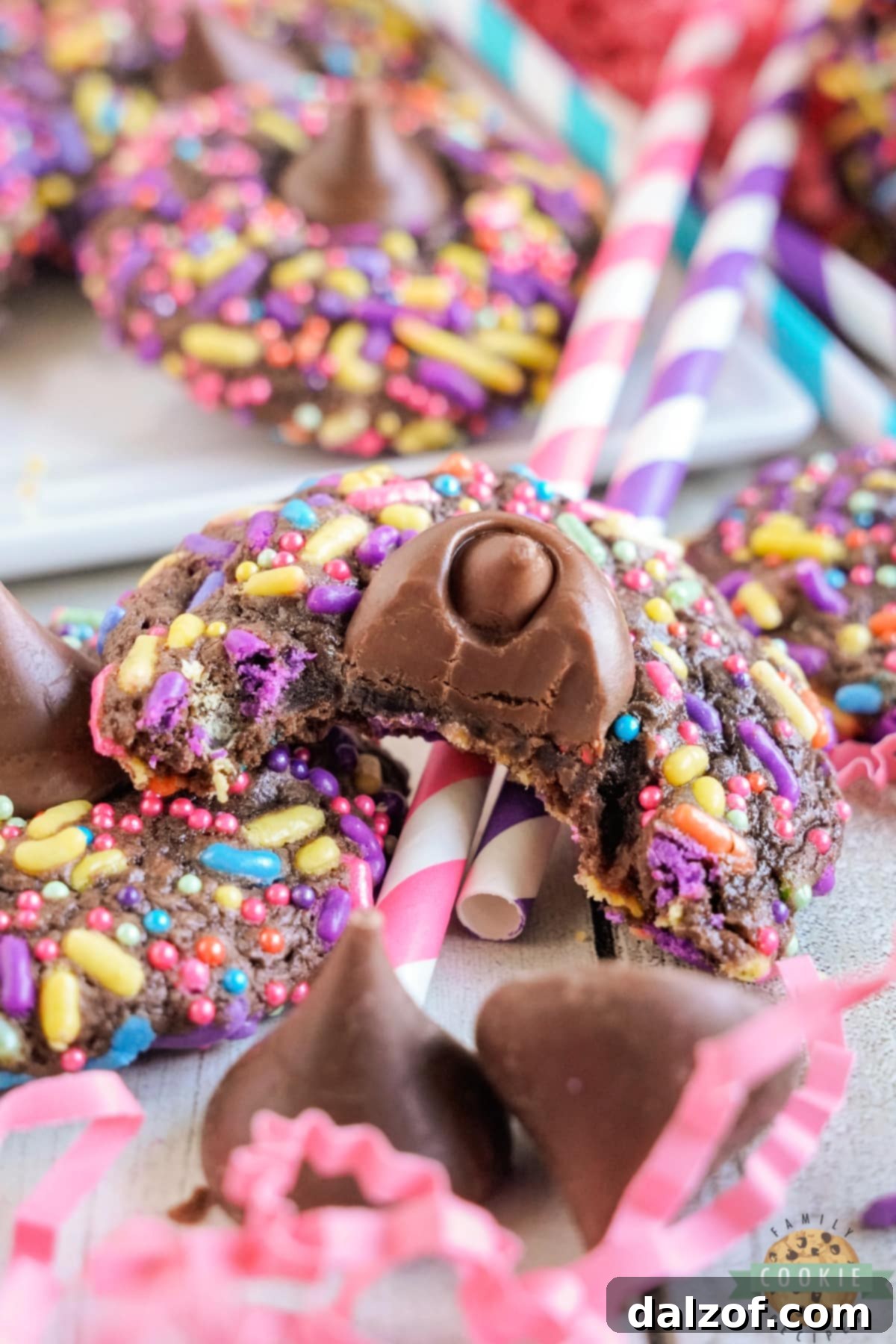Brownie cookies made with sprinkles and Hershey's kisses. 