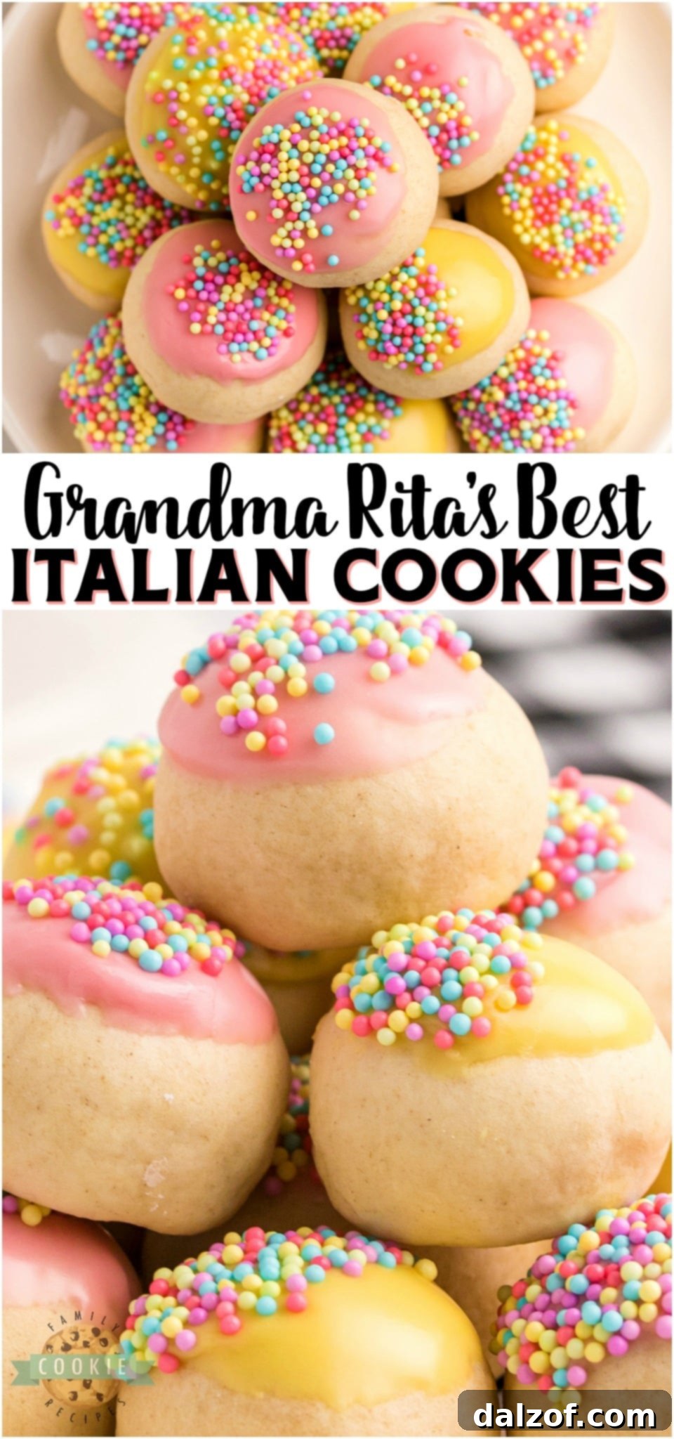 Lovely Italian Cookie recipe I got from my Grandmother! Tender dough rolled into balls, baked & topped with a sweet glaze and colorful sprinkles perfect for any occasion!