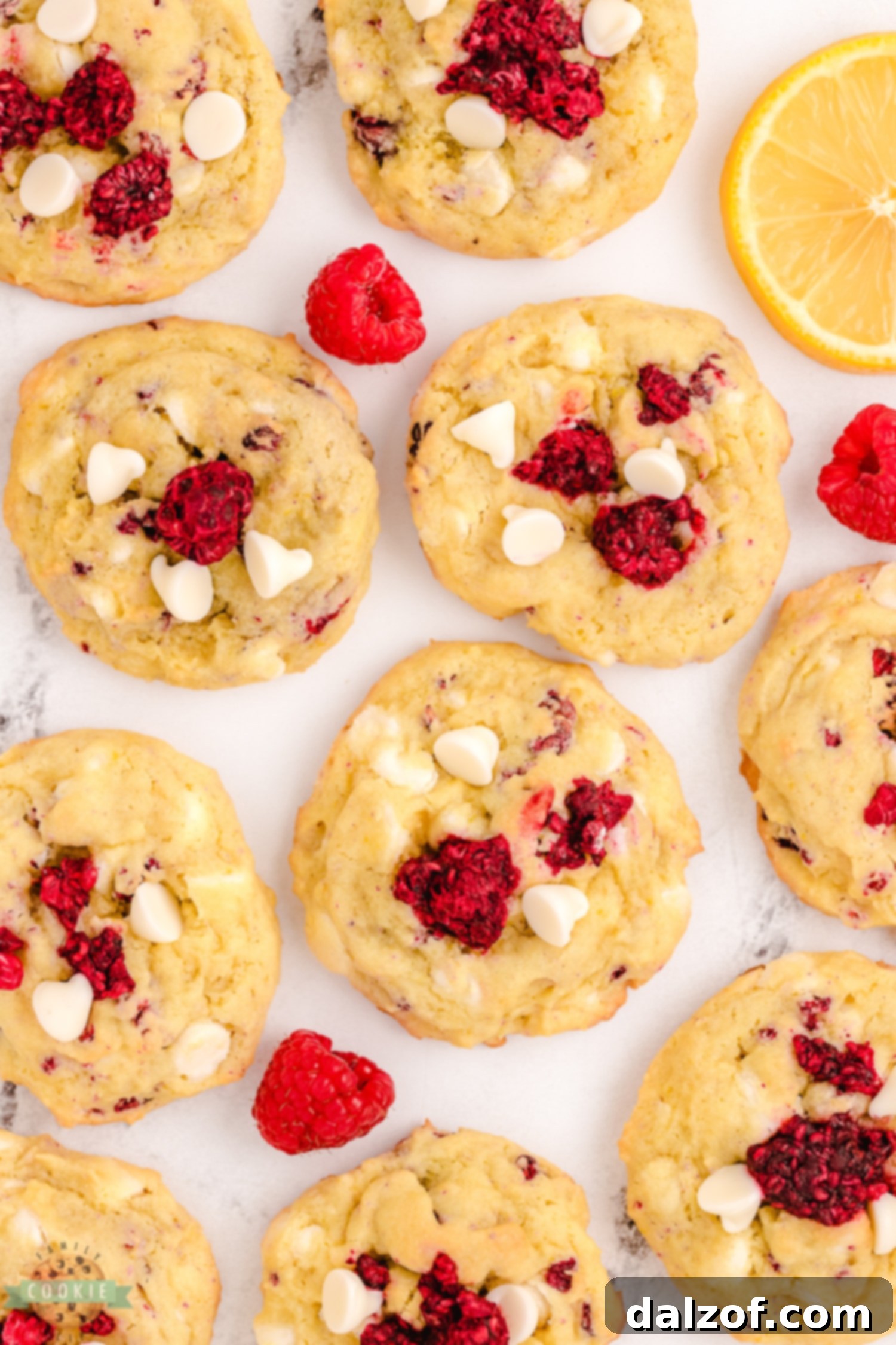 lemon raspberry cookies with white chocolate chips.