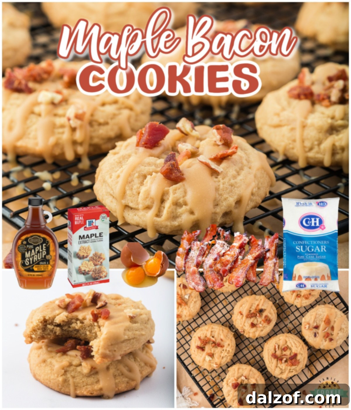 Sweet and Salty Maple Bacon Cookies 11 Maple Bacon Cookies are made with bacon grease and maple syrup and are topped with maple icing and crumbled bacon. These cookies are the perfect combination of savory and sweet!