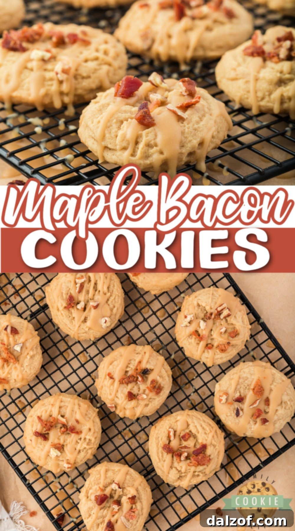Sweet and Salty Maple Bacon Cookies 15 Maple Bacon Cookies are made with bacon grease and maple syrup and are topped with maple icing and crumbled bacon. These cookies are the perfect combination of savory and sweet!