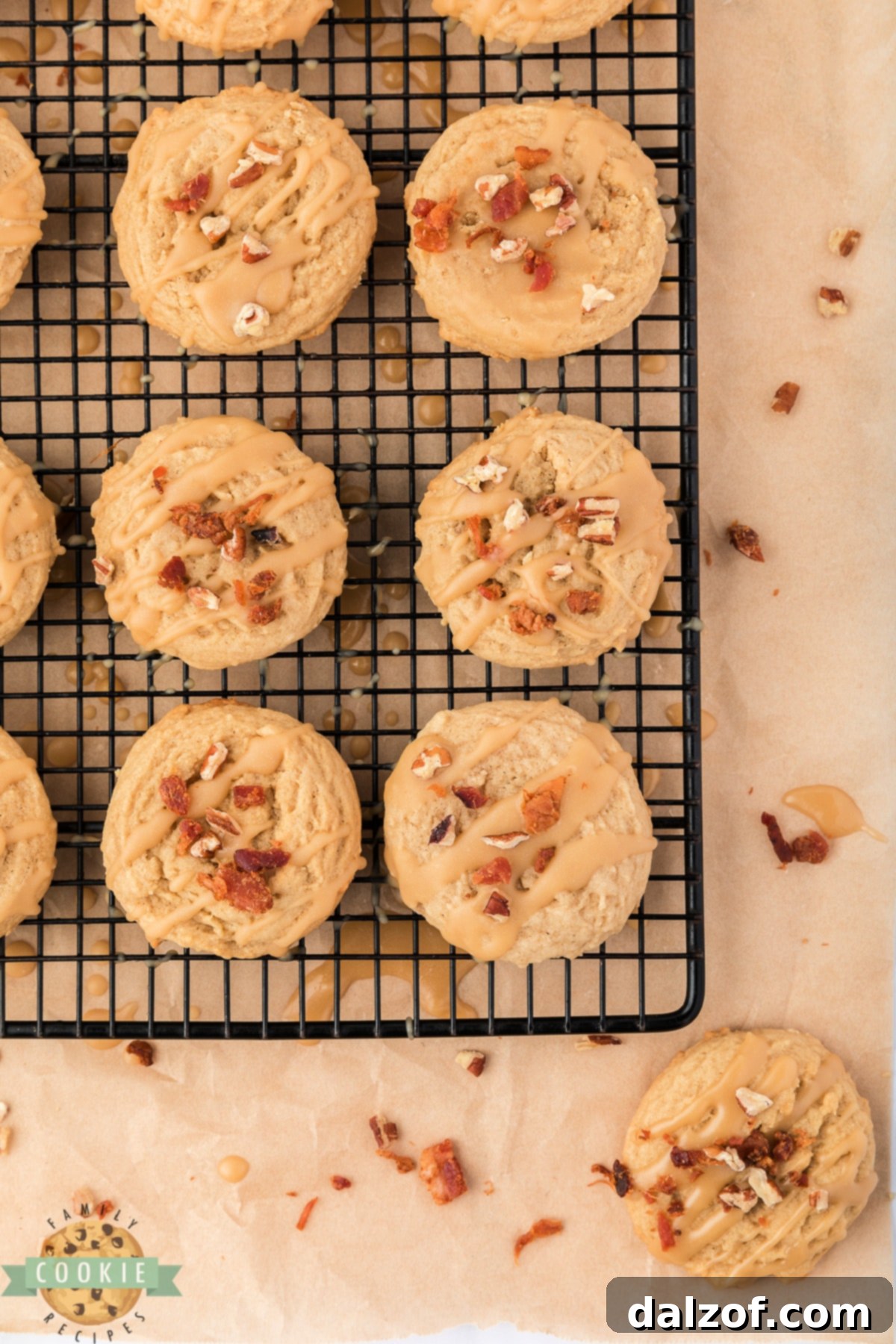Sweet and Salty Maple Bacon Cookies 5 Cookies drizzled with maple glaze and topped with crumbled bacon.