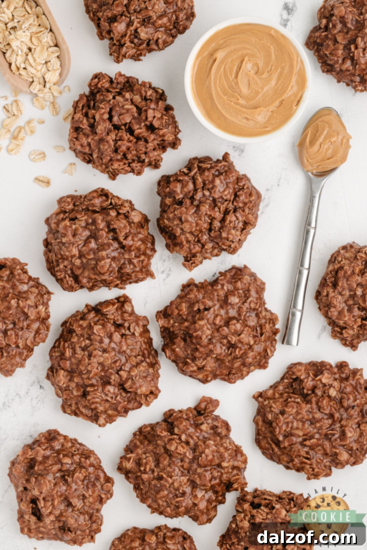Another beautiful shot of Microwave No-Bake Cookies, emphasizing their homemade goodness and the ease of preparation with just six ingredients and no stove.