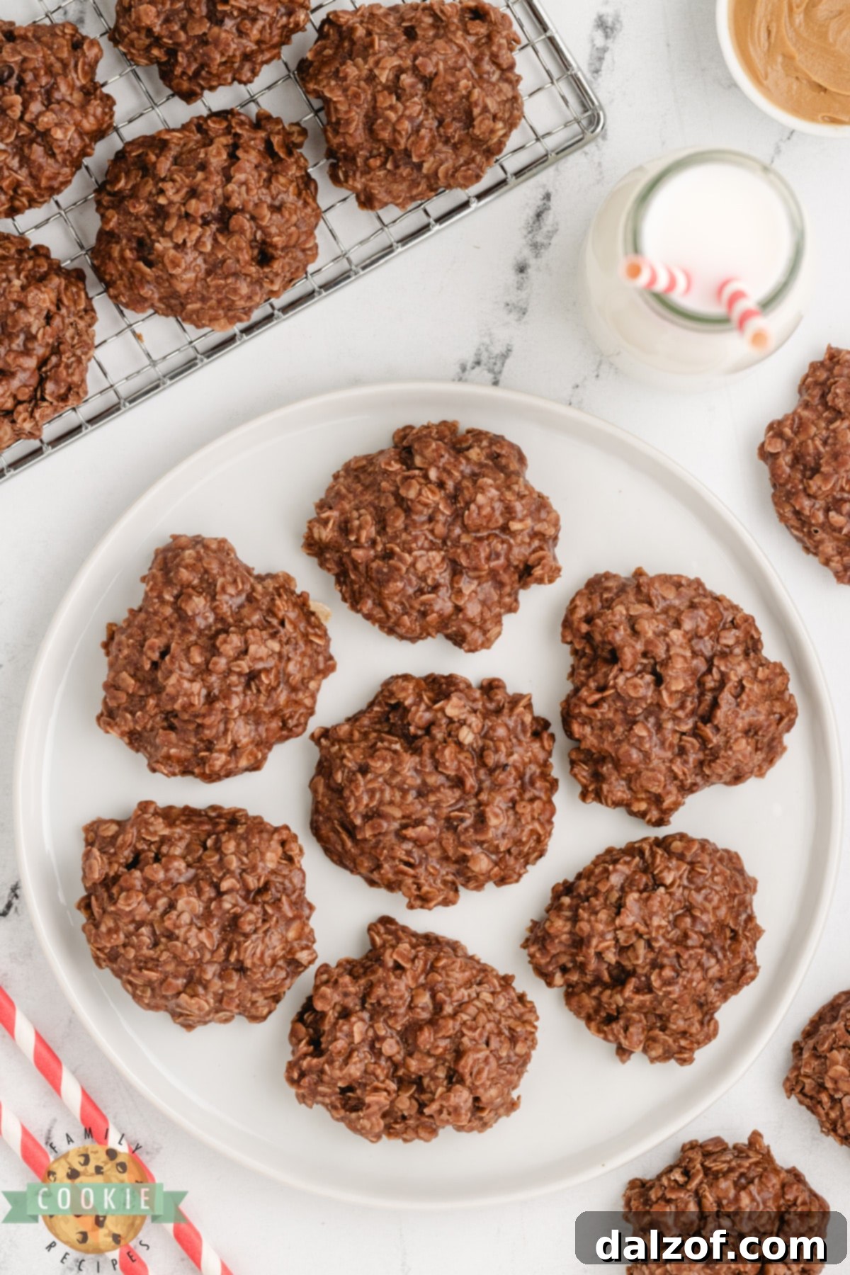 Close-up shot of a plate brimming with freshly made no-bake cookies, highlighting the delightful mix of cocoa, creamy peanut butter, and wholesome oats.