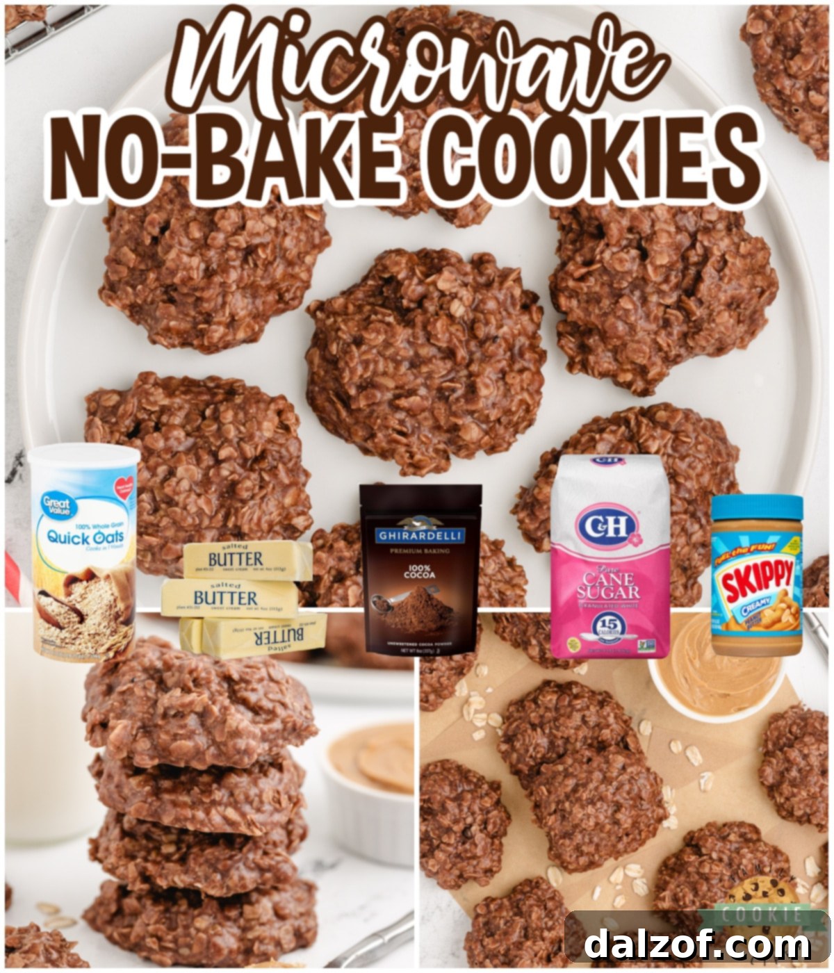 A collage featuring various enticing shots of Microwave No-Bake Cookies, highlighting their quick preparation, few ingredients, and delicious final look.