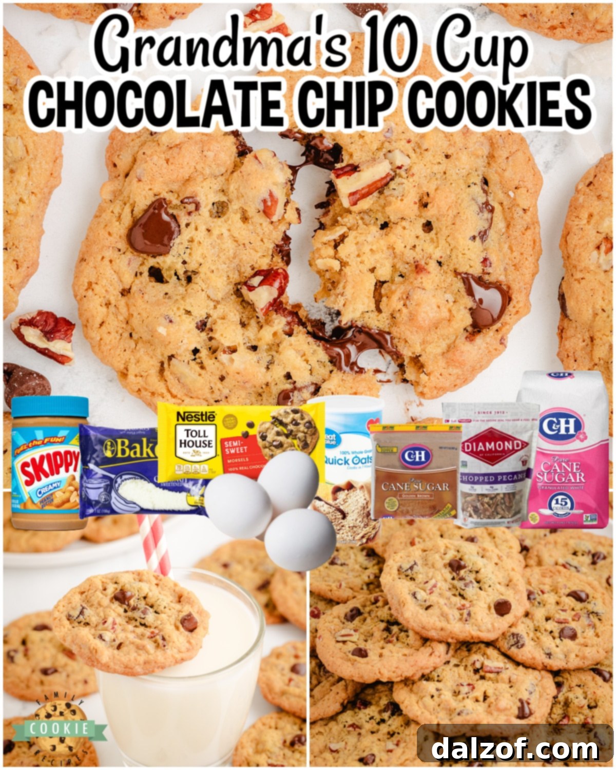 A collage of various 10-cup cookies ingredients and a baked cookie, emphasizing its loaded nature.