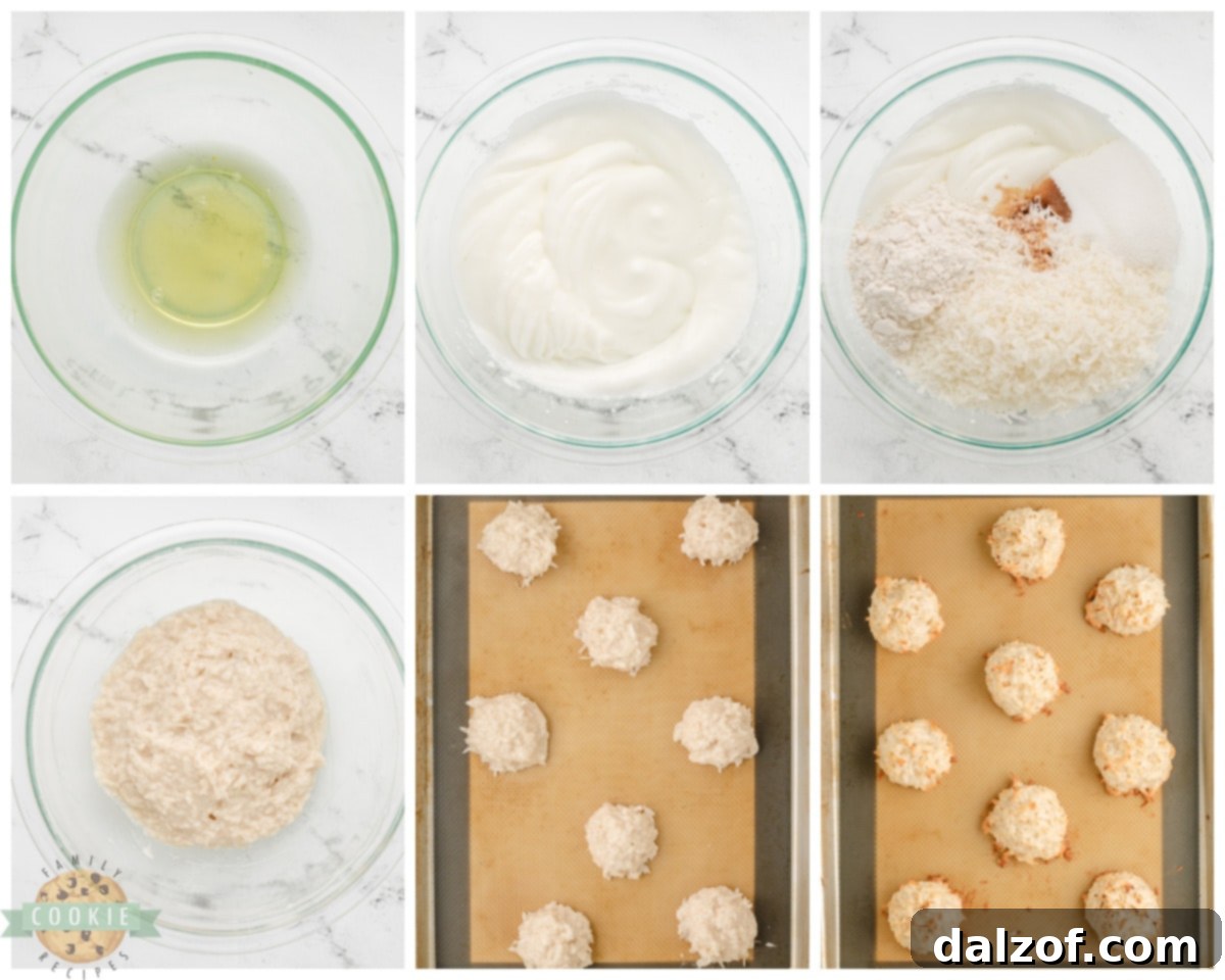 The process of making classic coconut macaroons, showing the rustic texture before baking.