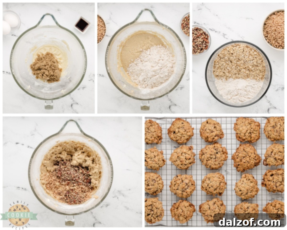 Close-up of ingredients being combined to show the process of making buttery oatmeal toffee pecan cookies