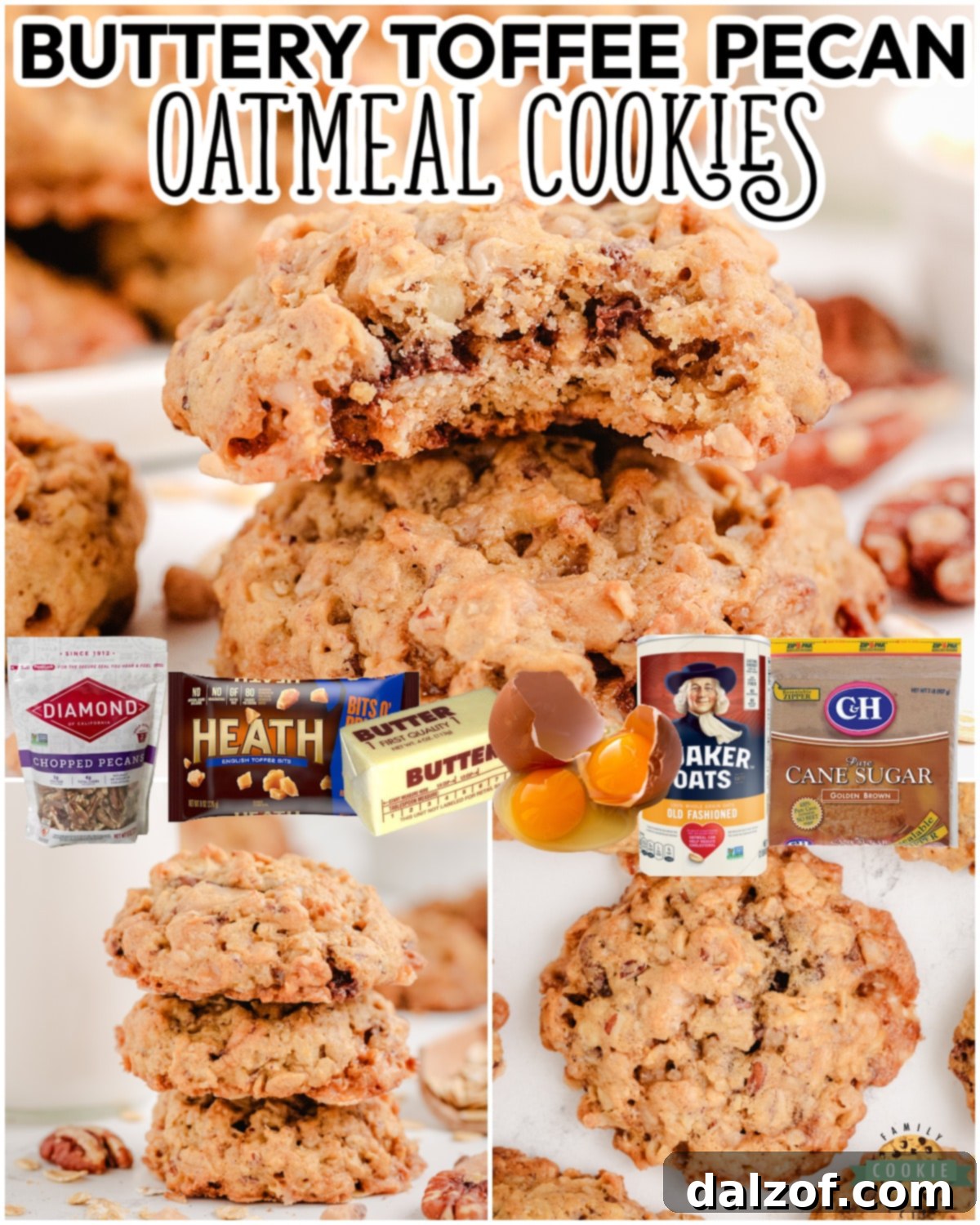 A collage featuring delightful Oatmeal Toffee Pecan Cookies, highlighting their chewy texture, buttery flavor, and inclusion of oats, toffee bits, and pecans