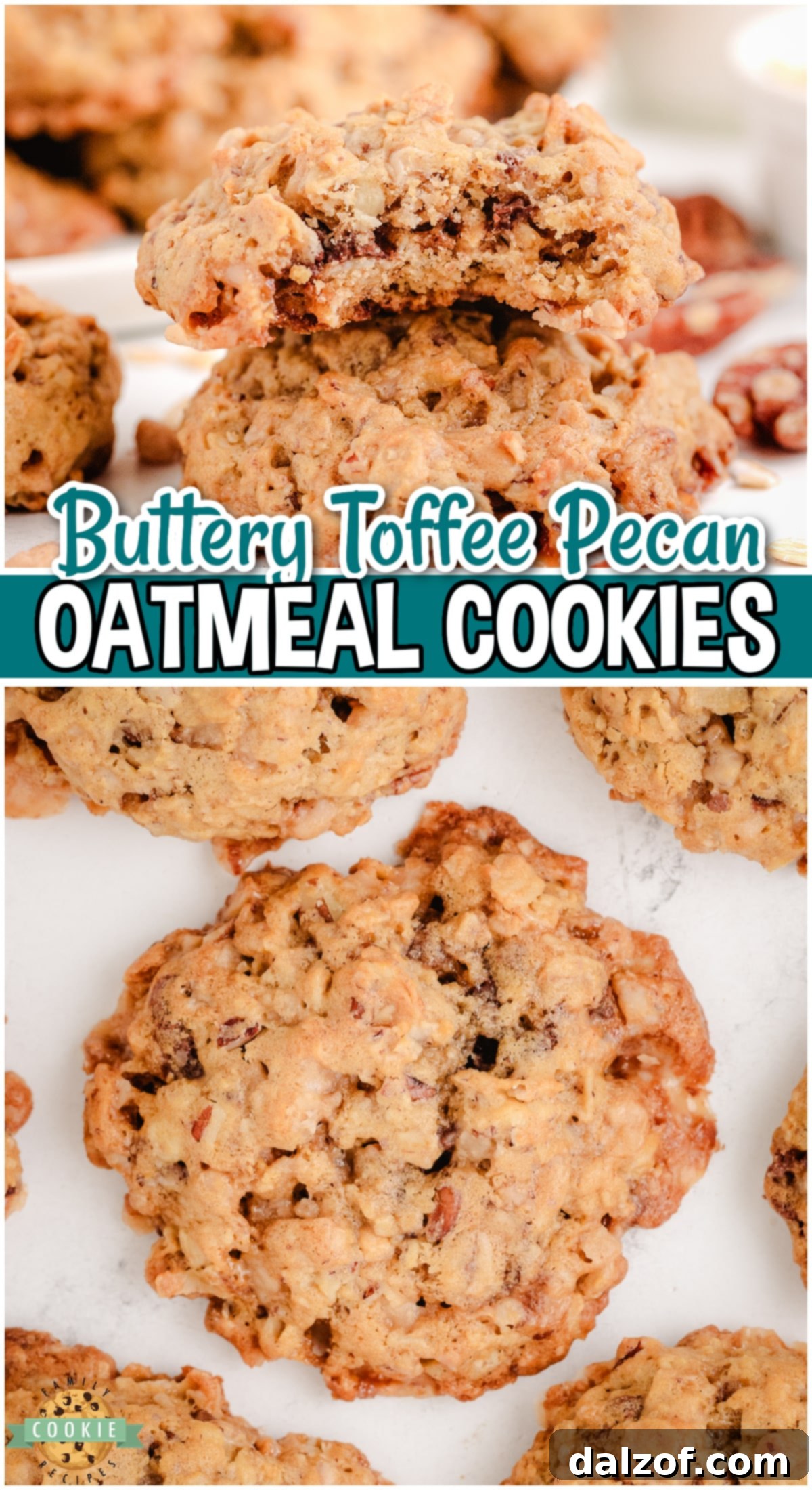 A beautifully arranged image of Oatmeal Toffee Pecan Cookies, emphasizing their chewy, buttery texture and rich flavor from oats, toffee bits, and pecans, perfect for a Pinterest pin