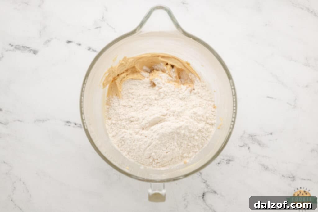 Ultimate Reese Peanut Butter Pudding Cookies 11 Add flour, salt, and baking soda to cookie dough. The dry mixture of flour, salt, and baking soda is carefully poured into the bowl with the wet ingredients.