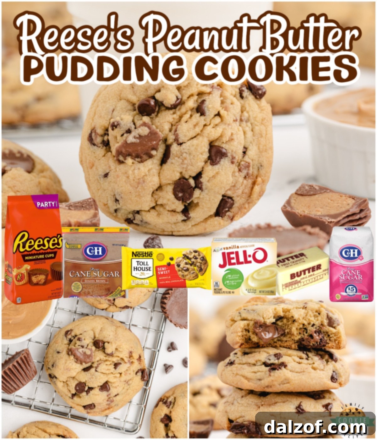 Ultimate Reese Peanut Butter Pudding Cookies 14 Reese's Peanut Butter Pudding Cookies are soft and chewy peanut butter cookies made with vanilla pudding mix and chunks of Reese's peanut butter cups too! A collage showing various stages and finished shots of the cookies.