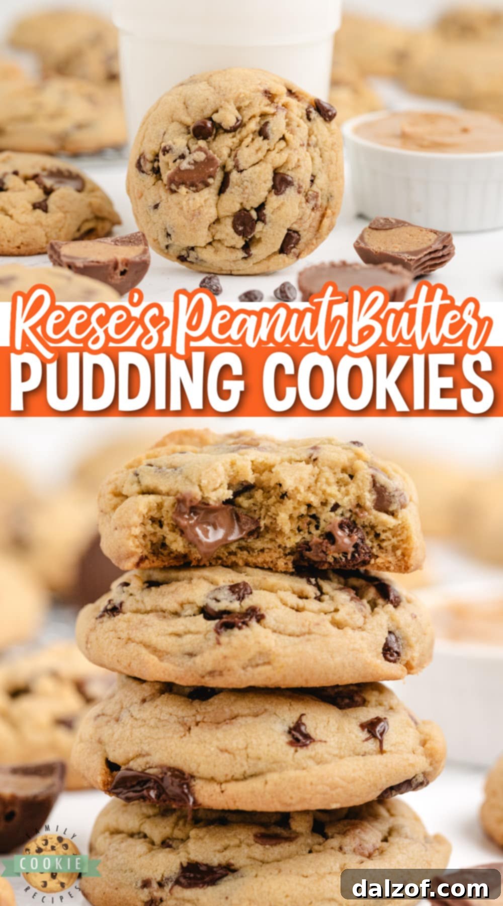Ultimate Reese Peanut Butter Pudding Cookies 18 Reese's Peanut Butter Pudding Cookies are soft and chewy peanut butter cookies made with vanilla pudding mix and chunks of Reese's peanut butter cups too! A wide shot of many cookies on a white plate, ready to be served.
