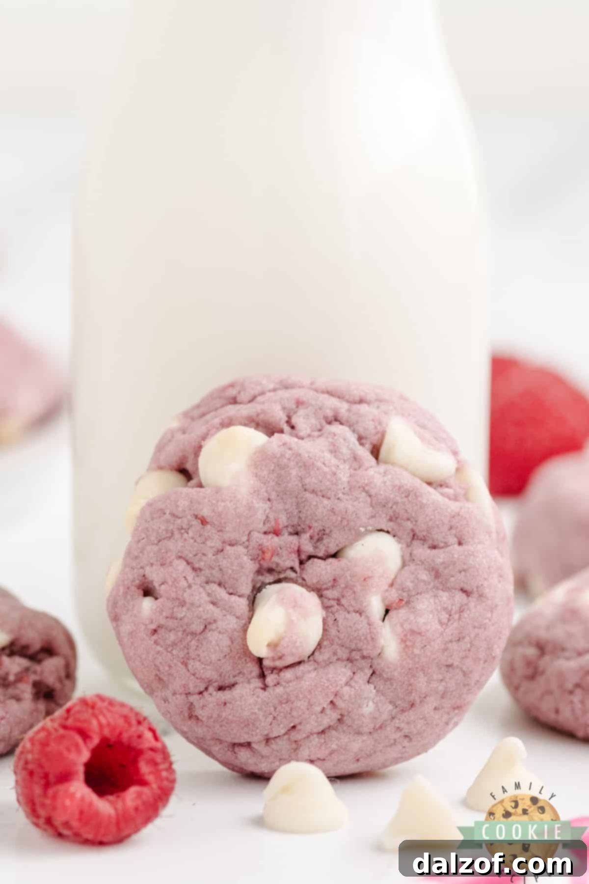 A Raspberry White Chocolate Chip cookie paired with a refreshing glass of milk, a classic pairing for a perfect snack.