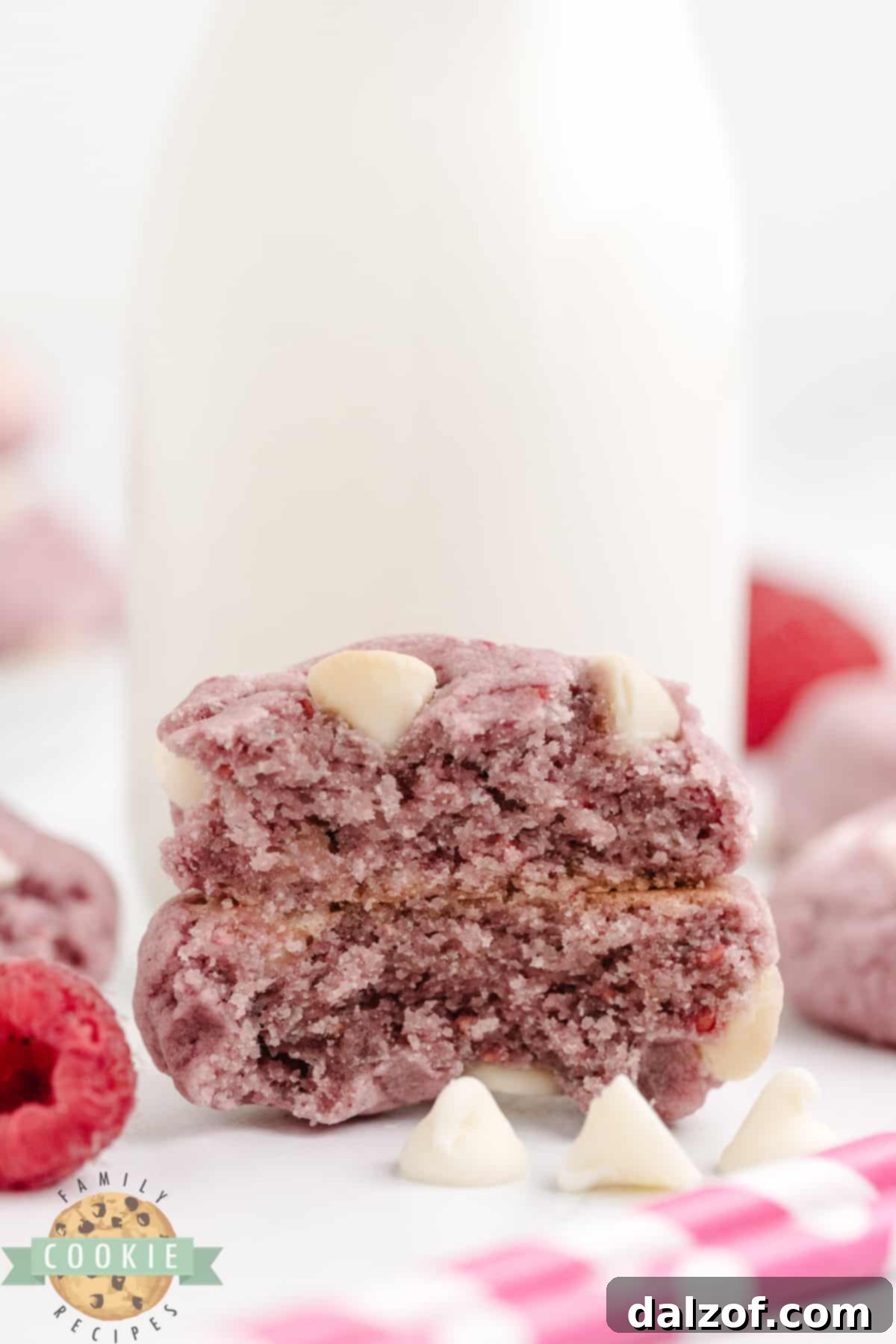 Close-up of freshly baked cookies, highlighting the vibrant red flecks of frozen raspberries embedded in the dough.