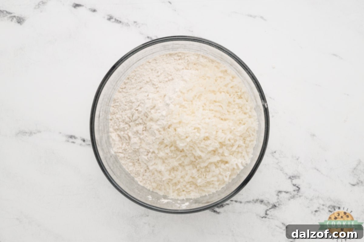 Mixing dry ingredients together with shredded coconut. 