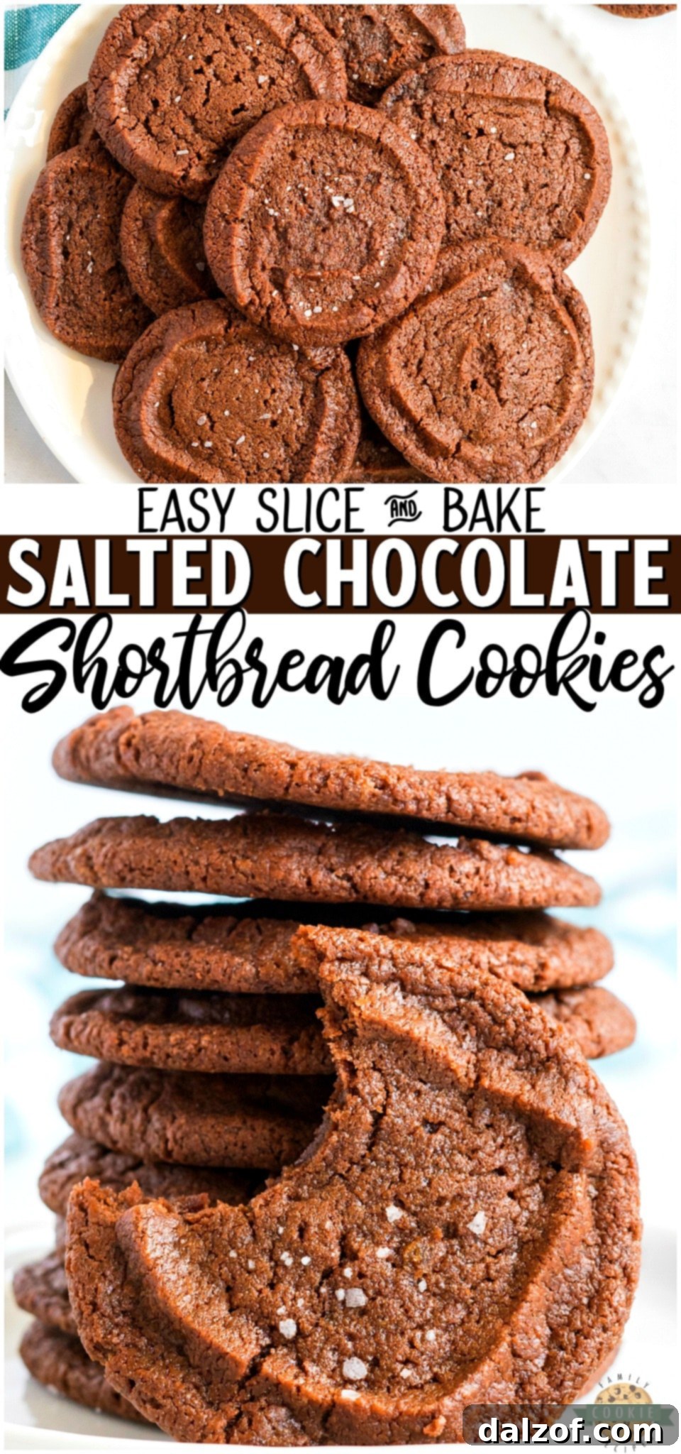 Salted Chocolate Shortbread Cookies made with cocoa powder and butter & topped with flakes of sea salt for the perfect chocolate cookie! Buttery shortbread slice & bake cookies that everyone enjoys!