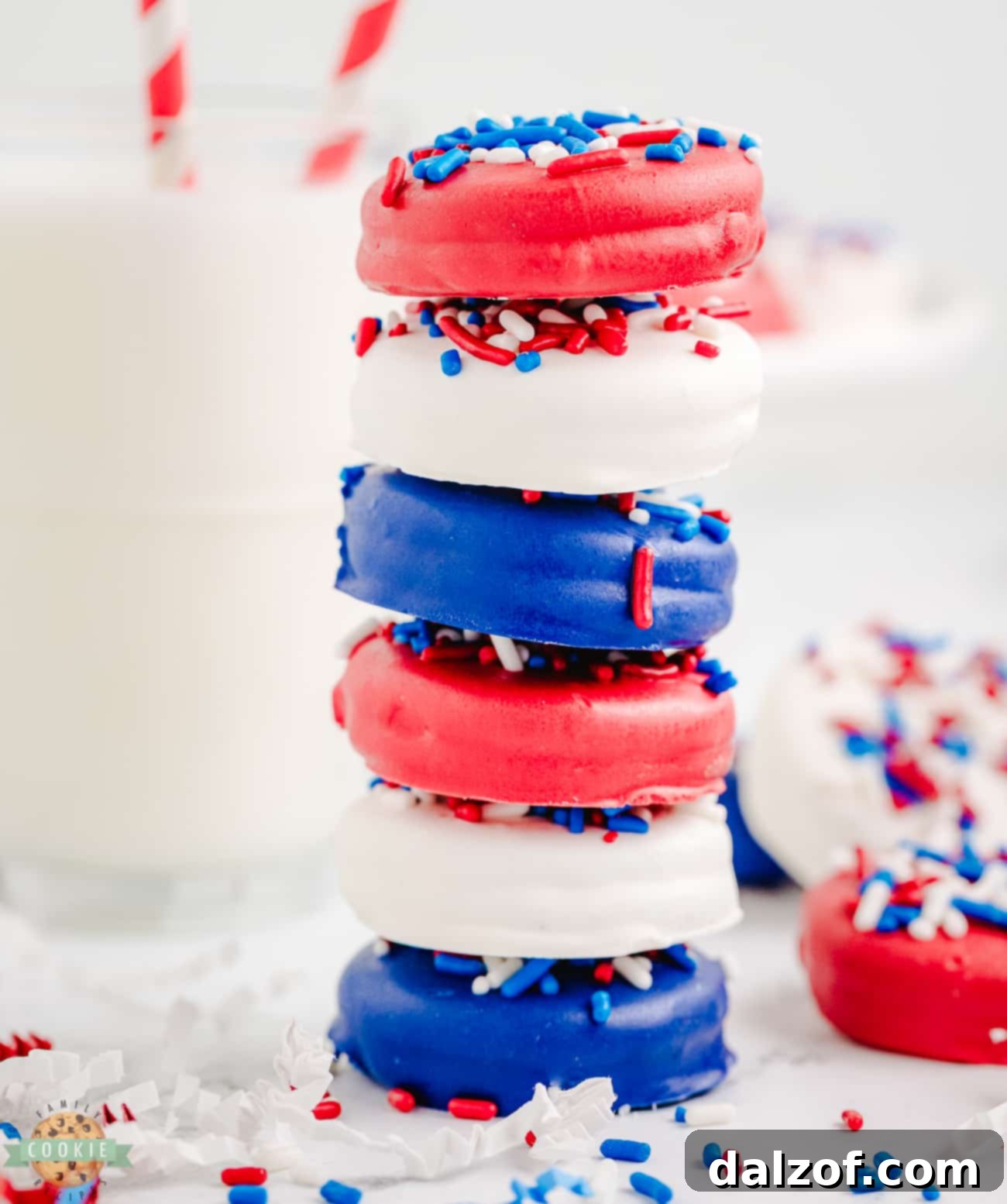 stack of patriotic chocolate covered oreos