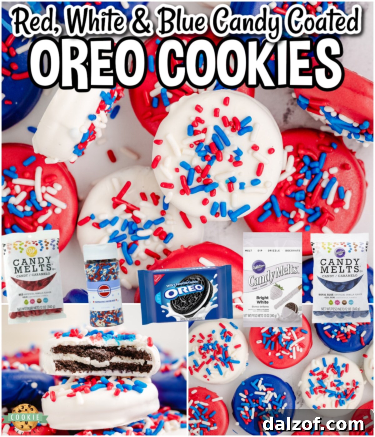 Red, White, & Blue Chocolate Covered Oreos are a simple, festive treat that are perfect for 4th of July! Chocolate dipped Oreo cookies in patriotic colors & holiday sprinkles are always a hit! 