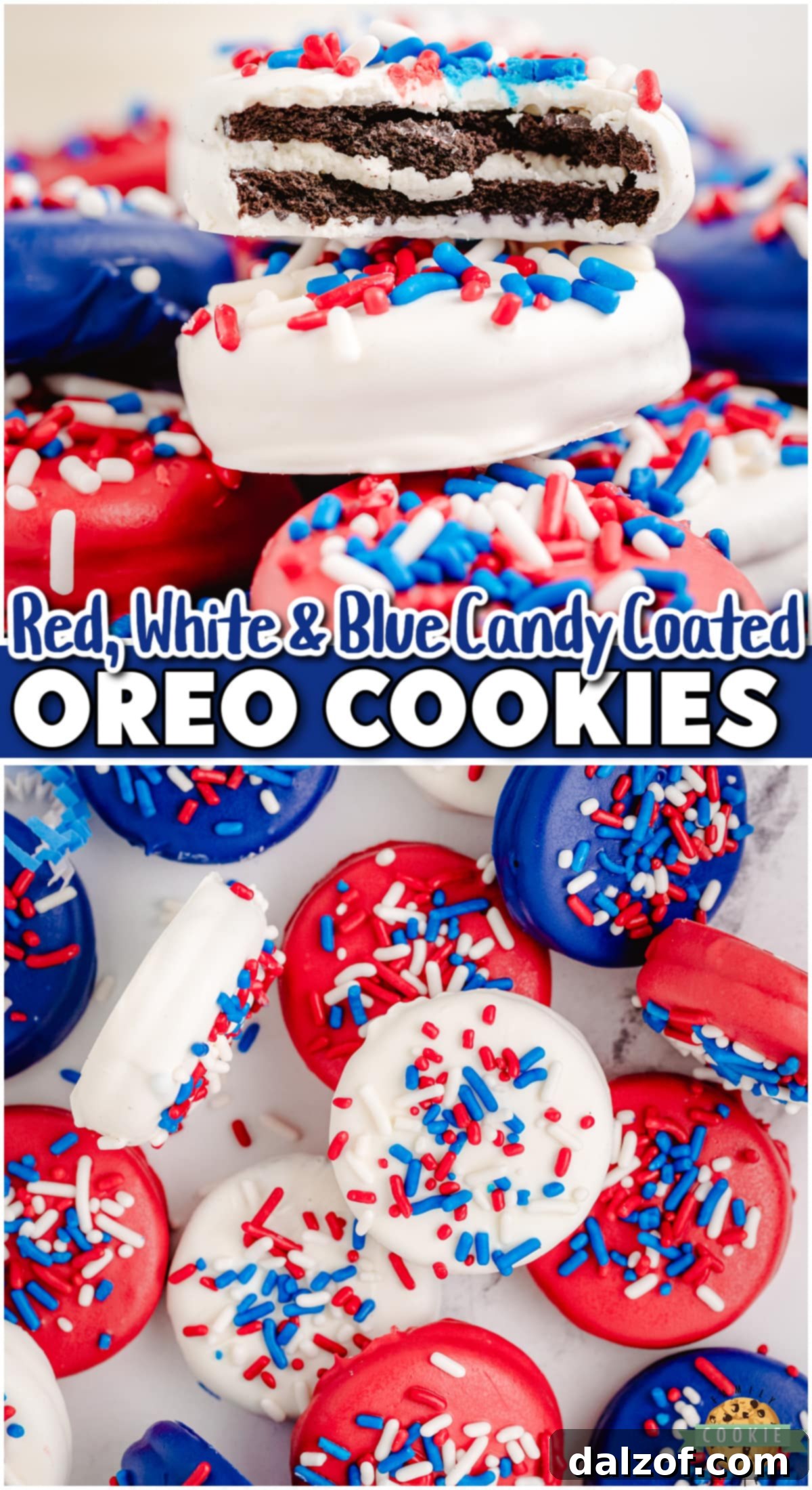 Red, White, & Blue Chocolate Covered Oreos are a simple, festive treat that are perfect for 4th of July! Chocolate dipped Oreo cookies in patriotic colors & holiday sprinkles are always a hit! 
