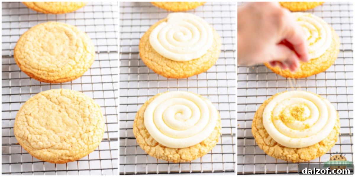 Crumbl-Inspired Golden Oreo Cookie Bliss 10 Piping frosting onto vanilla cookies.