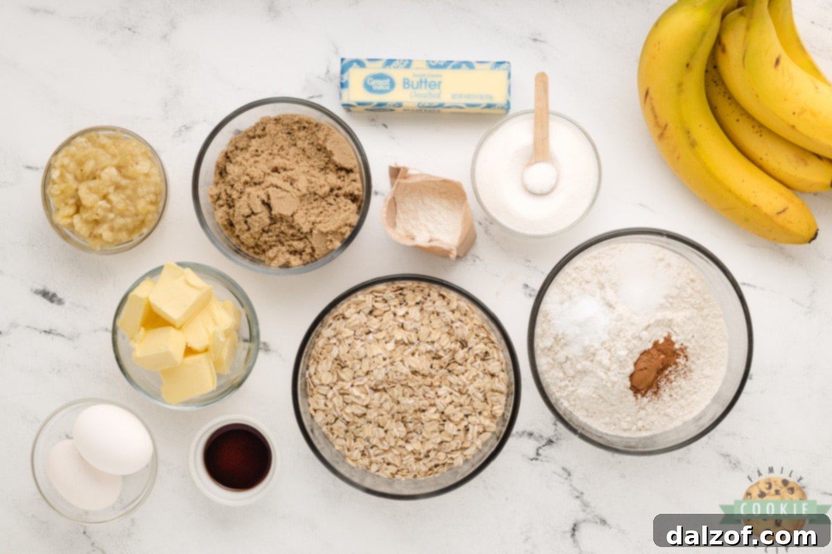 Wholesome Banana Oat Bliss 4 Ingredients for making Banana Oatmeal Cookies laid out on a table