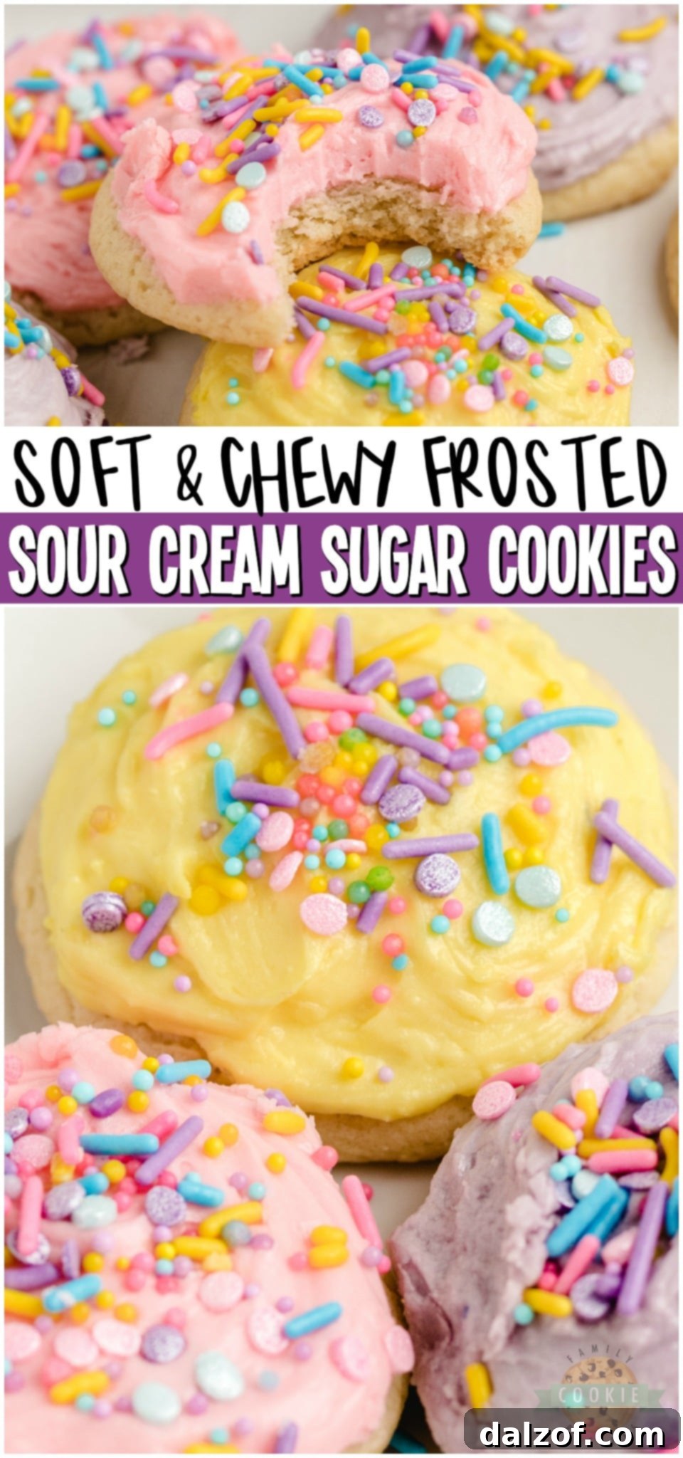 Sour Cream Sugar Cookies with frosting and sprinkles for Pinterest