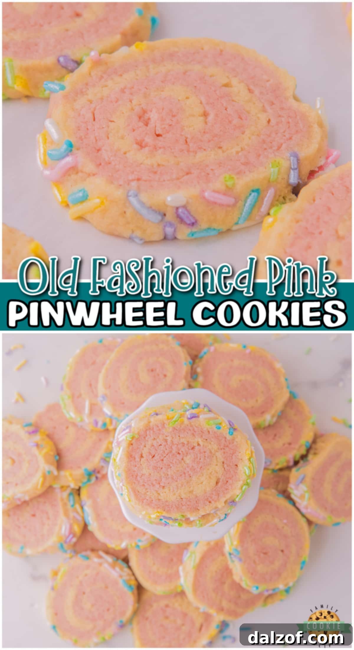 A close-up of a stack of Old Fashioned Pink Pinwheel Cookies, beautifully swirled and covered in sprinkles, making a charming presentation.