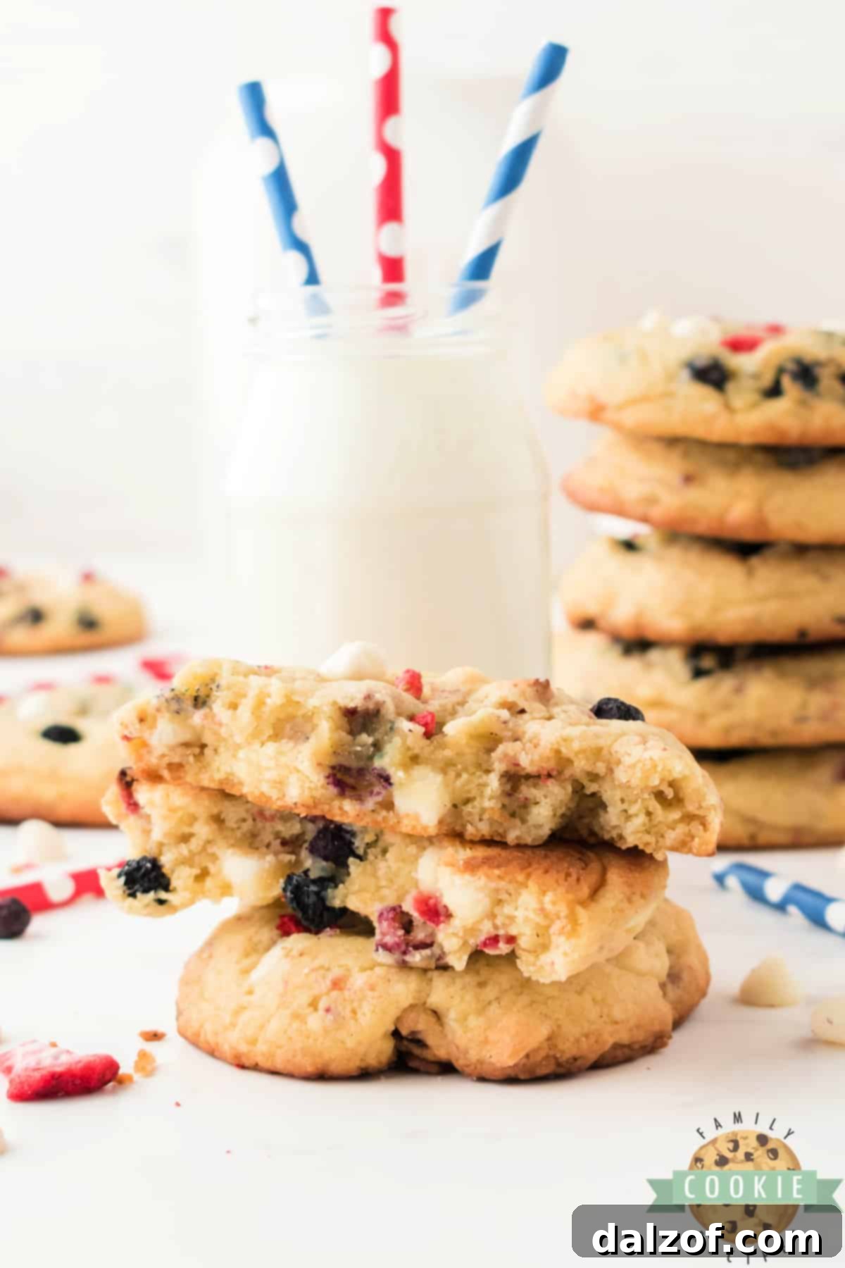 Close-up of patriotic cookies featuring freeze-dried blueberries and strawberries, showcasing their natural colors.