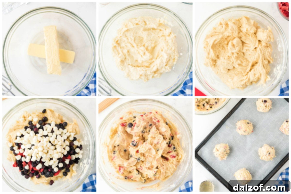 Assorted ingredients laid out for baking red, white, and blue cream cheese cookies.