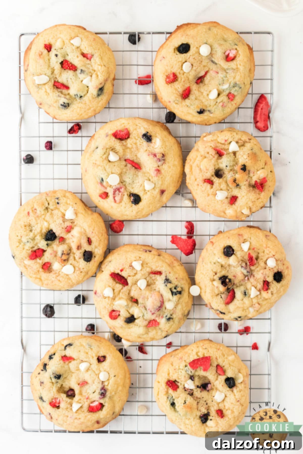 Freshly baked patriotic cookies cooling on a wire rack.