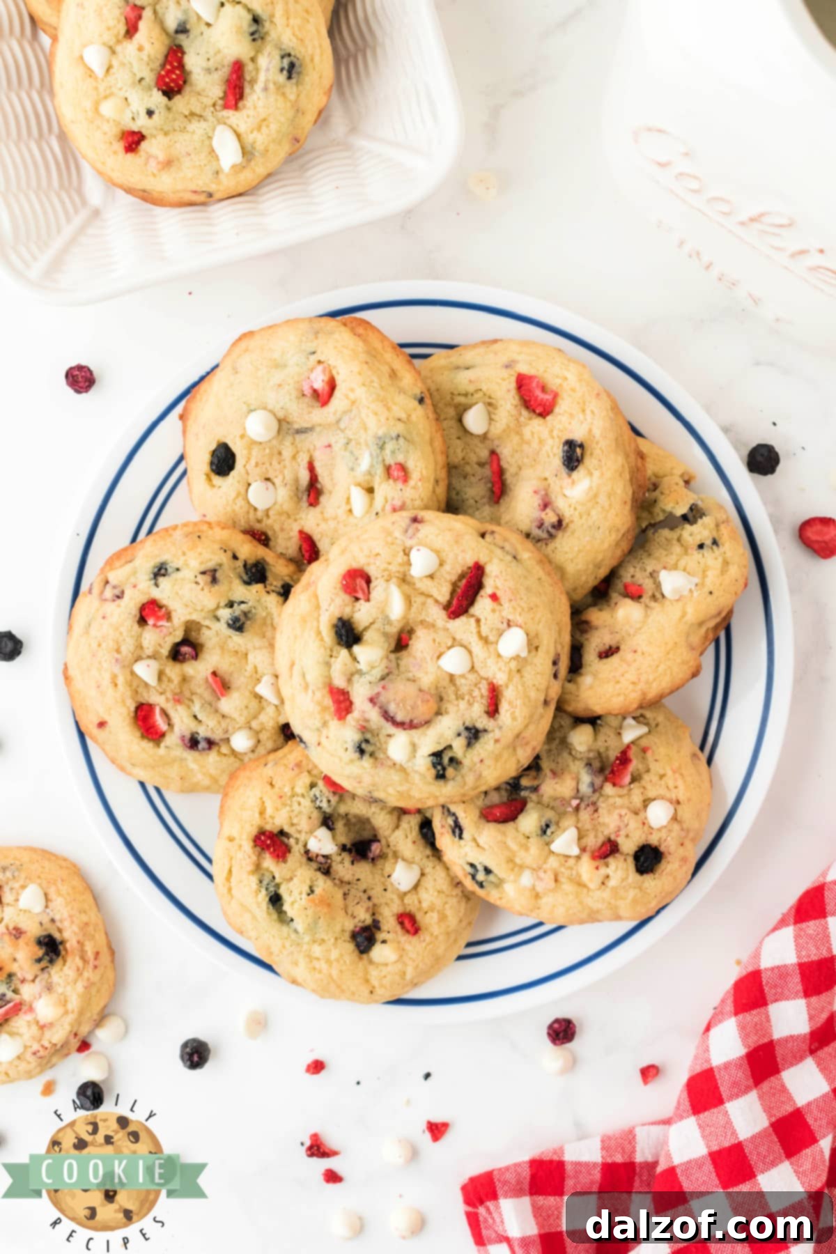 Red, White & Blue Cream Cheese Cookies, soft and chewy, with freeze-dried berries, ideal for summer and patriotic holidays like 4th of July.