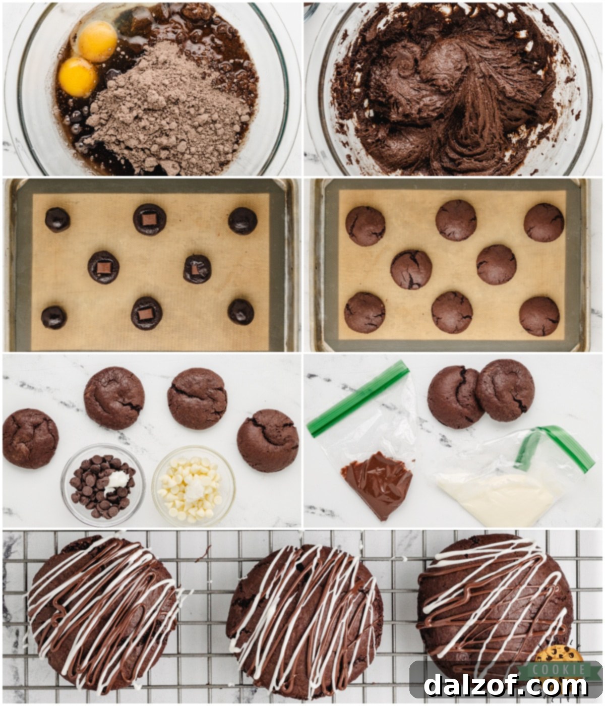 How to make chocolate nugget stuffed cake mix cookies, showing dough being wrapped around a chocolate piece