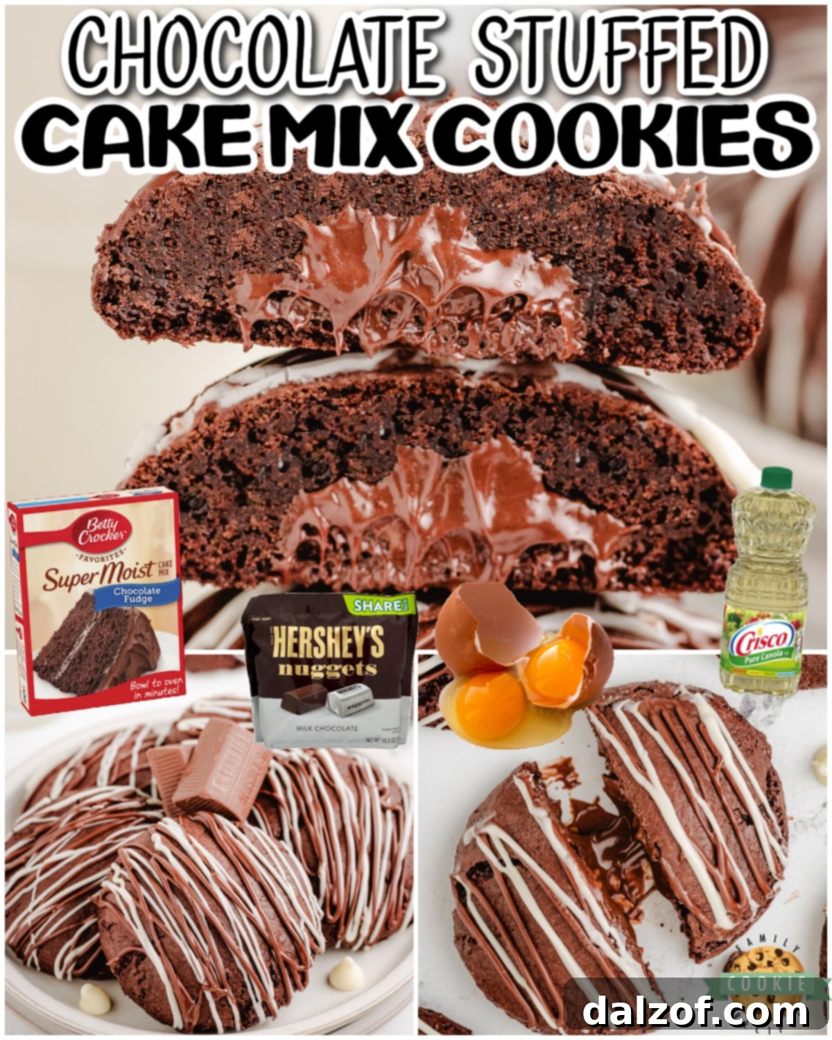 Chocolate Stuffed Cake Mix Cookies are made with simple chocolate cake mix dough, encasing a chocolate nugget, with melted chocolate on top to create the ultimate triple chocolate cookies!
