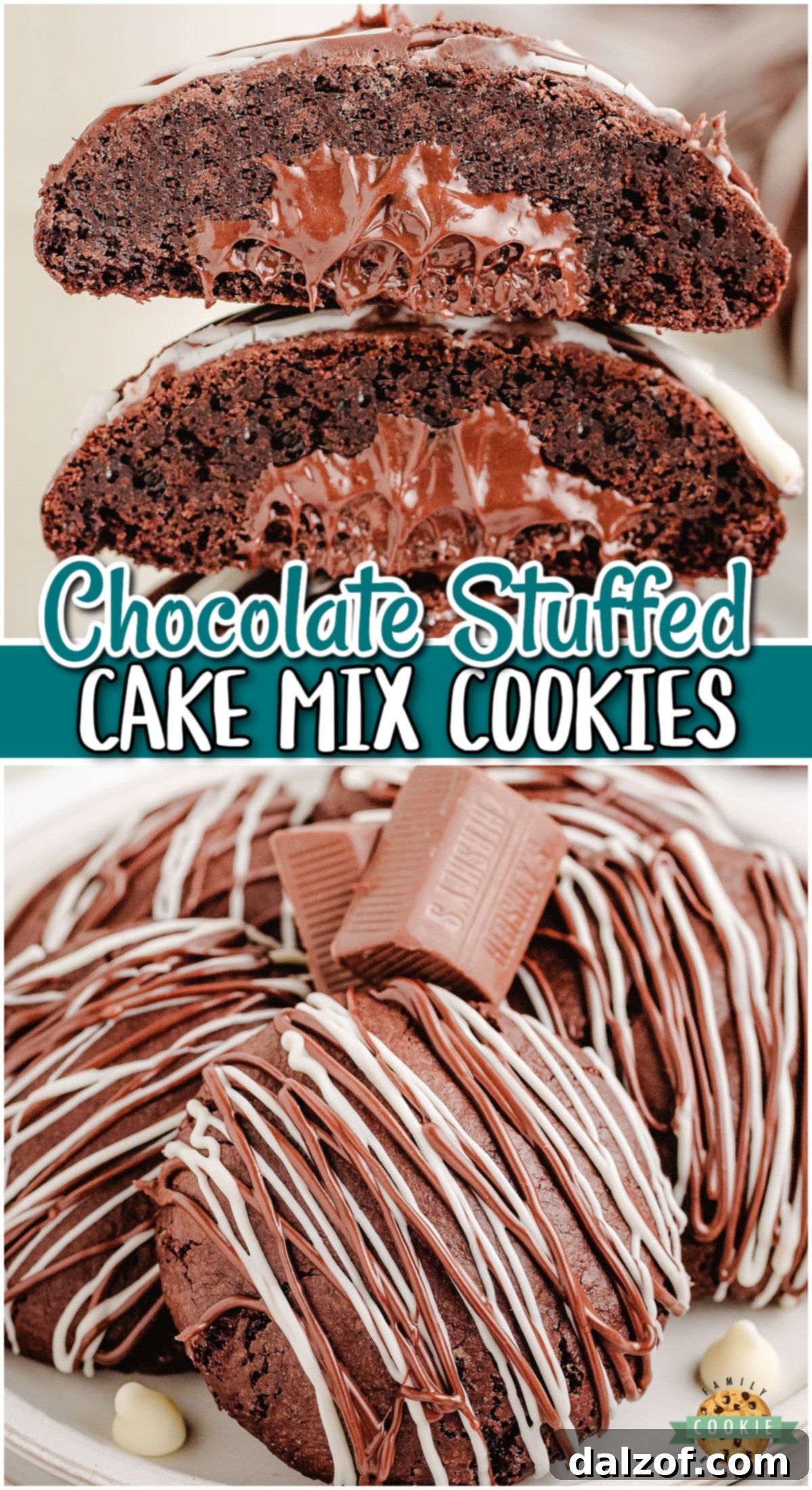 Chocolate Stuffed Cake Mix Cookies are made with simple chocolate cake mix dough, encasing a chocolate nugget, with melted chocolate on top to create the ultimate triple chocolate cookies!