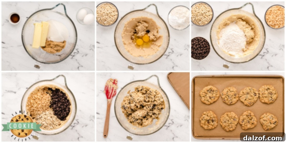 Rice Krispie Crunch Chocolate Chip Cookies 8 Step by step instructions on how to make chocolate chip cookies with oats and crispy rice cereal