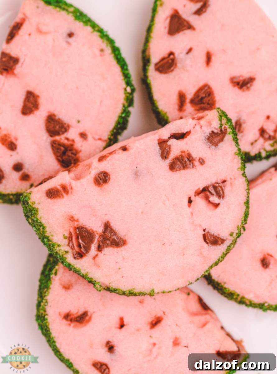 watermelon butter cookies with mini chocolate chip seeds and green sprinkle rind