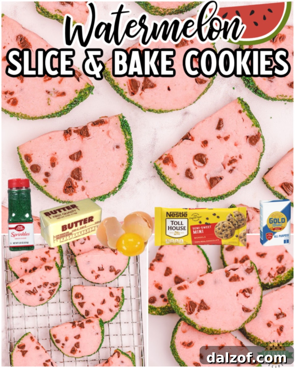 Watermelon Slice and Bake Cookies are a tender summer butter cookie that's made to look like slices of watermelon, complete with a green sprinkle rind and mini chocolate chip seeds!