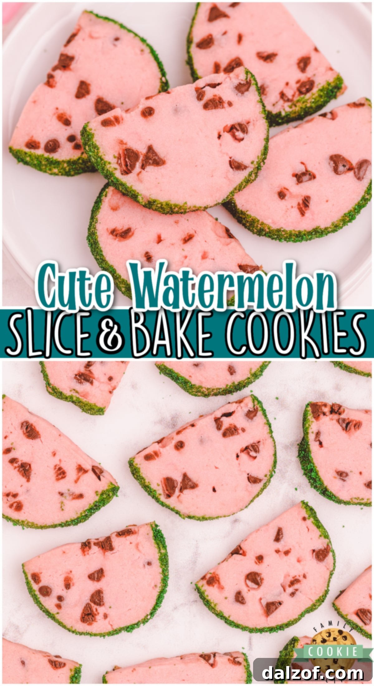 Watermelon Slice and Bake Cookies are a tender summer butter cookie that's made to look like slices of watermelon, complete with a green sprinkle rind and mini chocolate chip seeds!