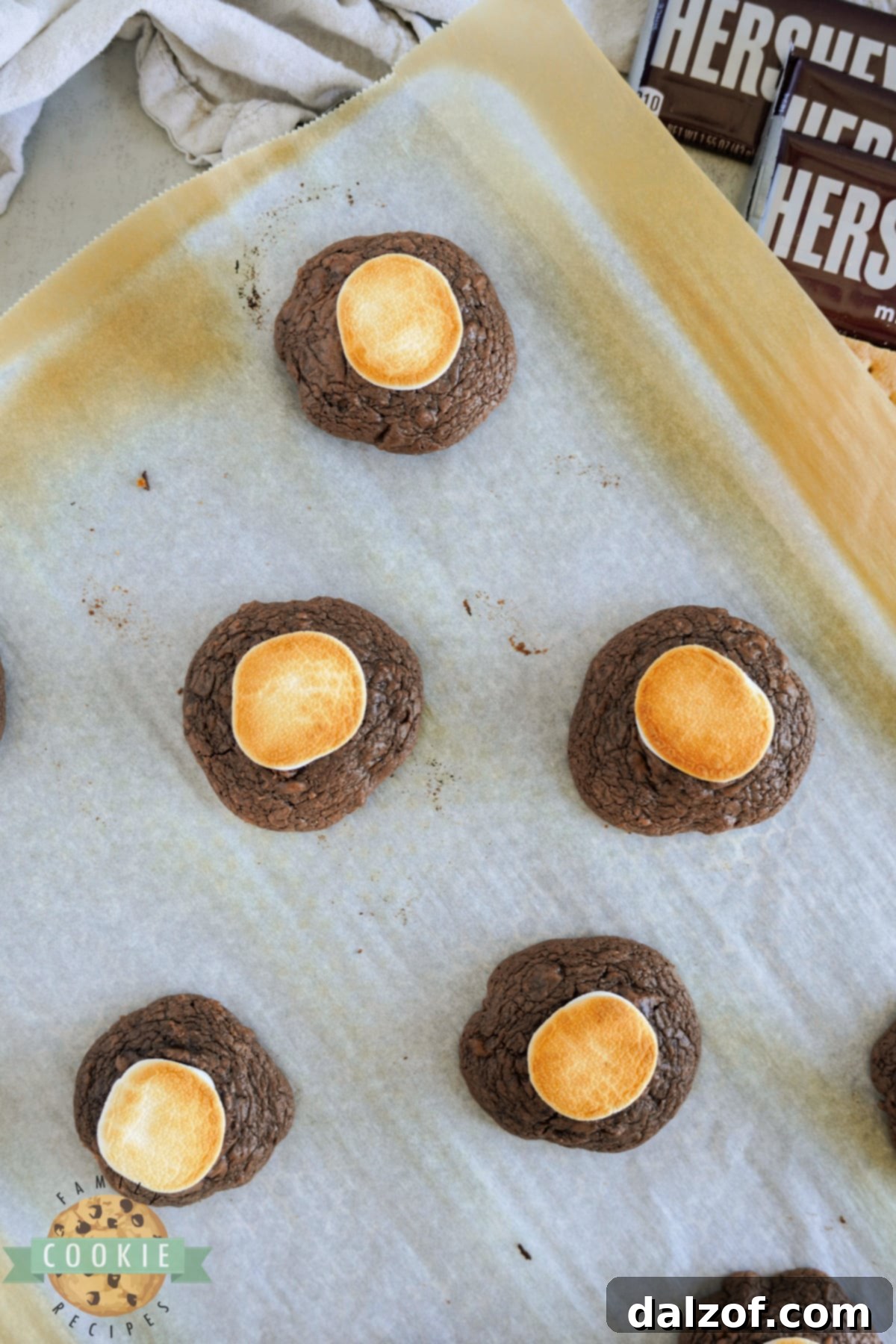 S'mores Brownie Mix Cookies 11 Marshmallows on brownie cookies being broiled in the oven until golden brown and gooey.
