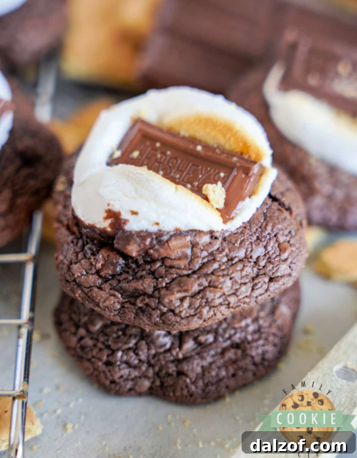 S'mores Brownie Mix Cookies 16 A stack of S'mores Brownie Mix Cookies showing off their appealing layers of brownie, marshmallow, and chocolate.