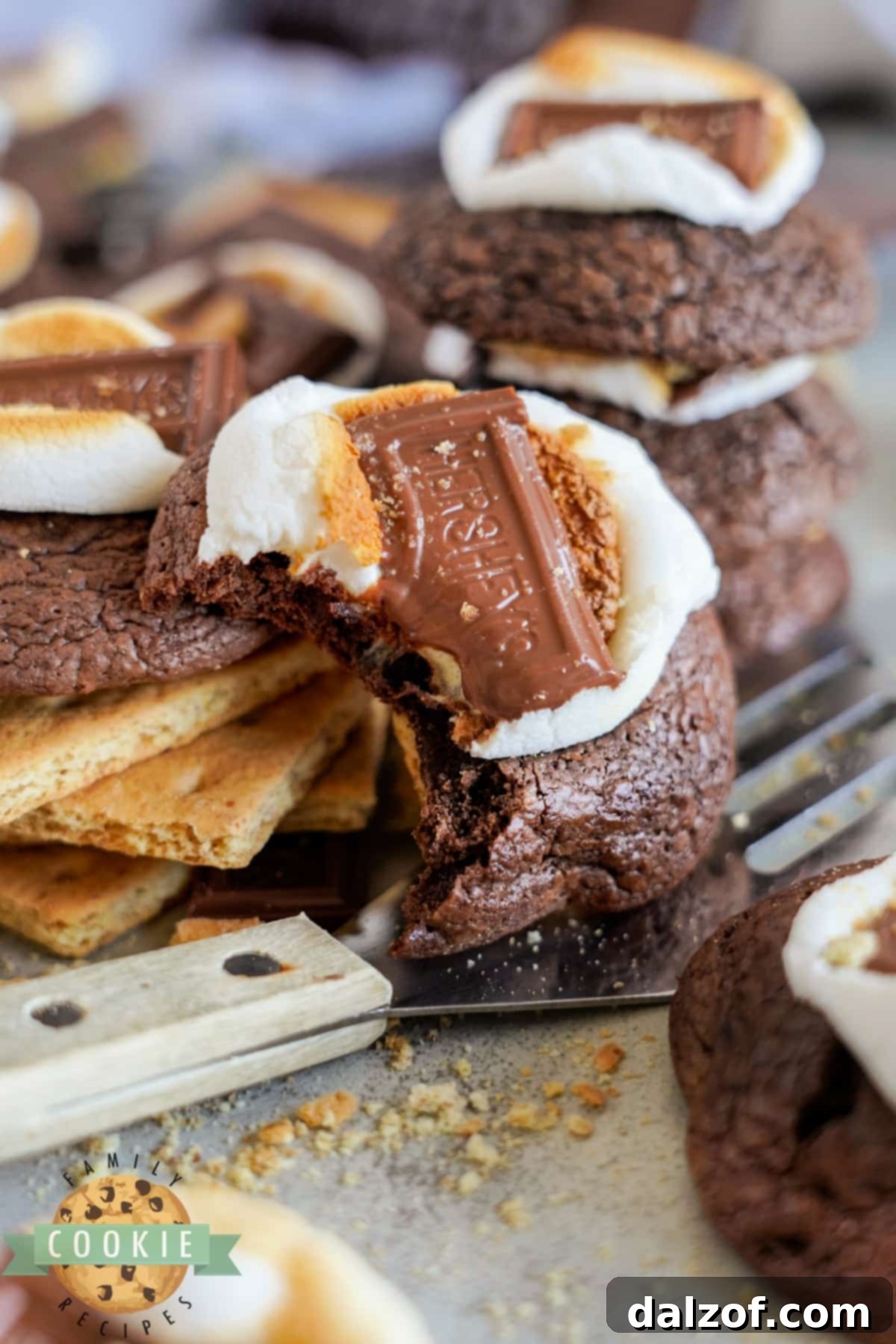 S'mores Brownie Mix Cookies 3 Fudgy brownie cookie topped with perfectly toasted marshmallow, a square of milk chocolate, and nestled on a graham cracker piece.