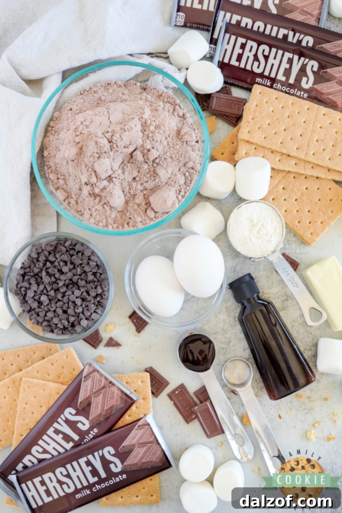 S'mores Brownie Mix Cookies 4 All the essential ingredients neatly displayed for making S'mores Brownie Mix Cookies: brownie mix, flour, eggs, butter, chocolate syrup, vanilla, miniature chocolate chips, graham crackers, marshmallows, and Hershey chocolate bars.