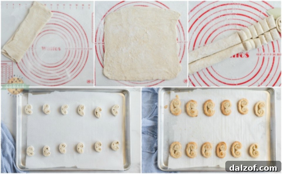How to make Easy Palmiers recipe, showing the puff pastry being coated with sugar.