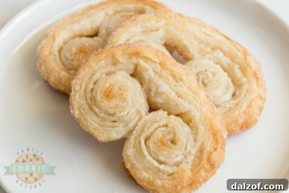 Easy Palmiers recipe, showing a close-up of baked Palmiers, showcasing their golden, flaky layers.