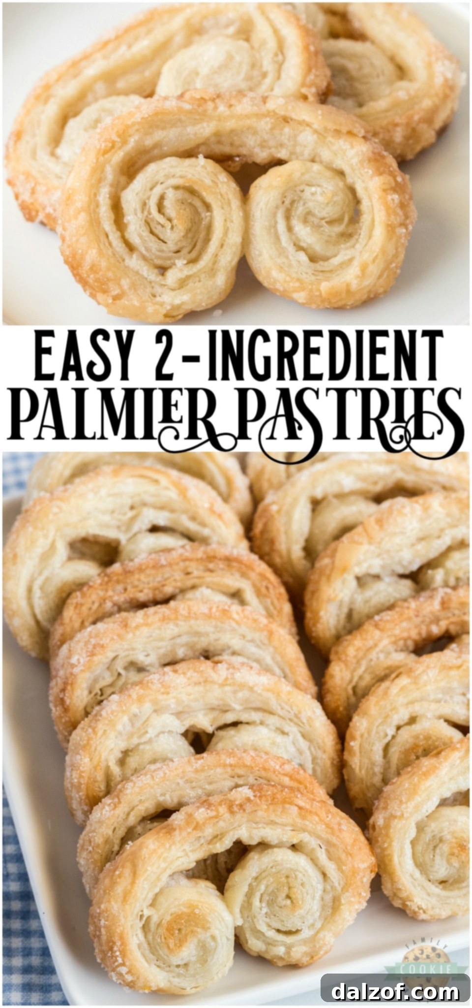 Easy Palmiers recipe made with just 2 ingredients: puff pastry and sugar! Enjoy buttery, flaky homemade Palmiers in just 30 minutes! Anyone can make these fancy looking cookies! A Pinterest-ready image showcasing the final product.